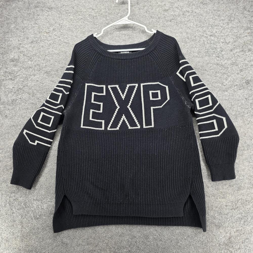Express Sweater Womens XS Black White EXP Graphic Knit Pullover Long Sleeve Cozy